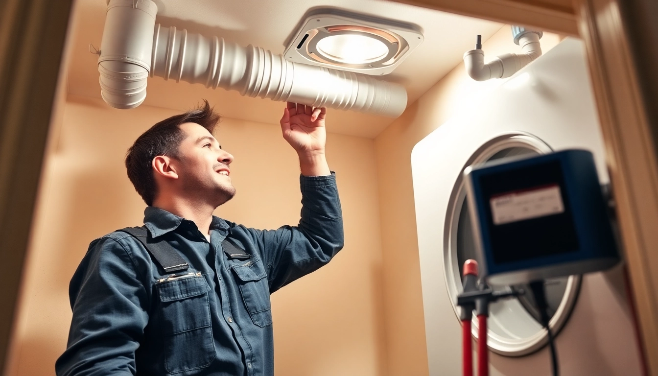 Technician performing dryer vent cleaning salt lake city service using professional tools in a residential setting.