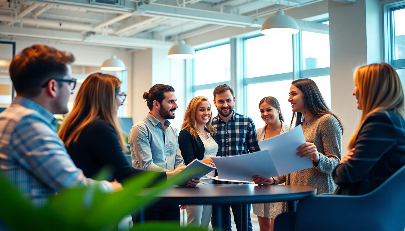 Engaged entrepreneurs discussing plans for Polonya'da Şirket Açmak in a modern office environment.