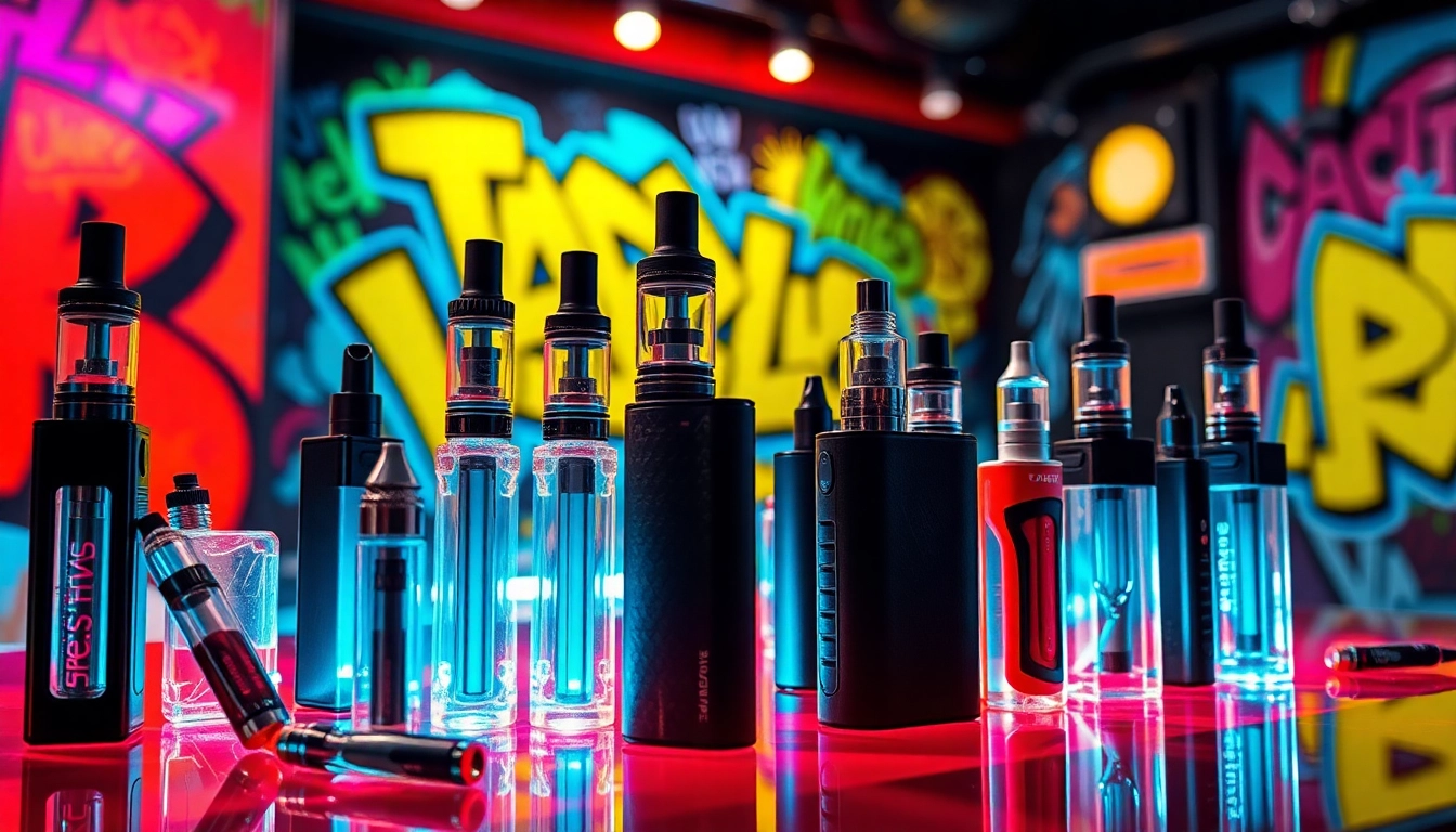 Showcase dummy vapes glowing in a colorful urban display with vibrant street art.