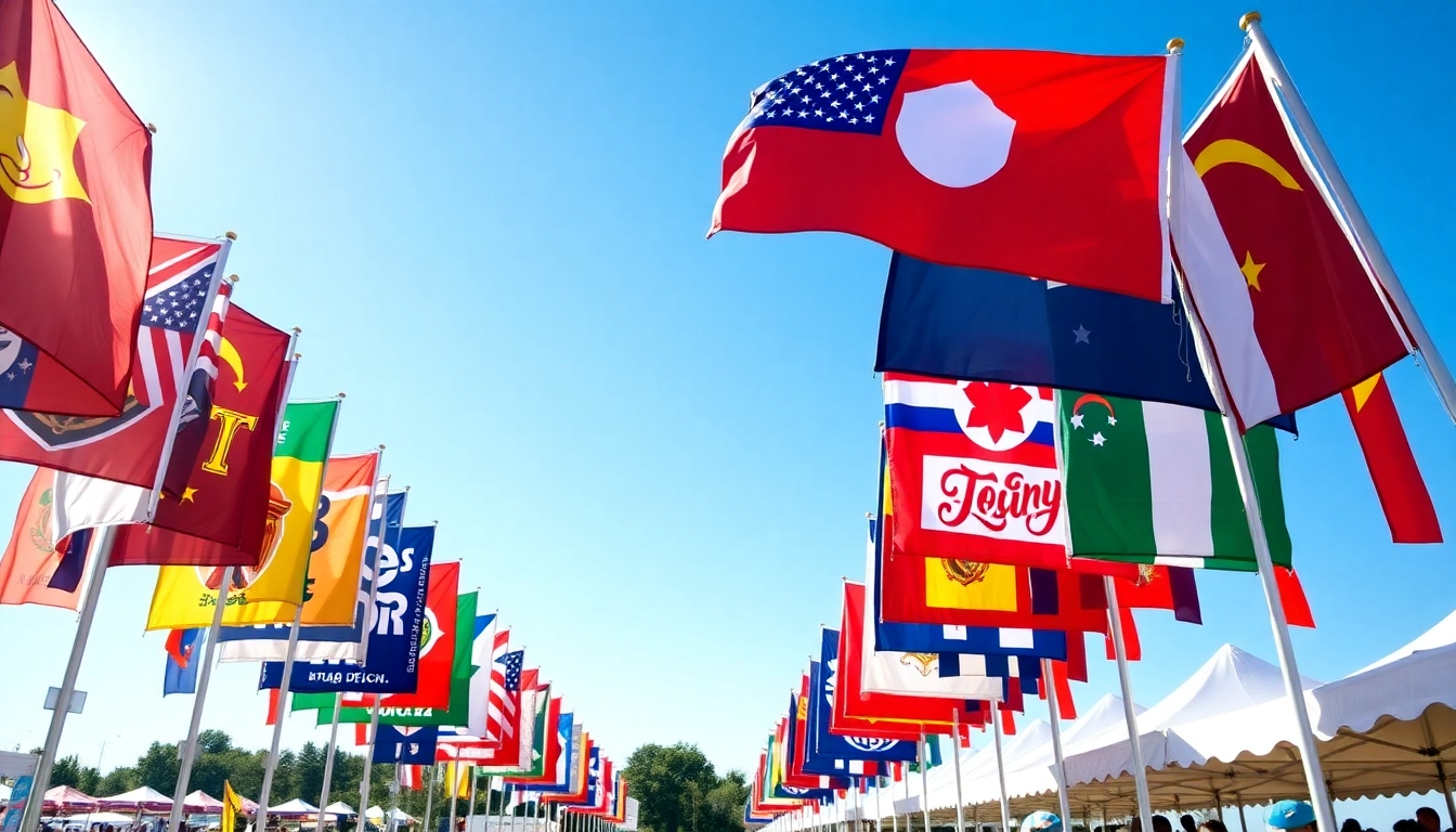 Showcase custom flags ireland elegantly waving in the breeze at a lively outdoor event with colorful designs.