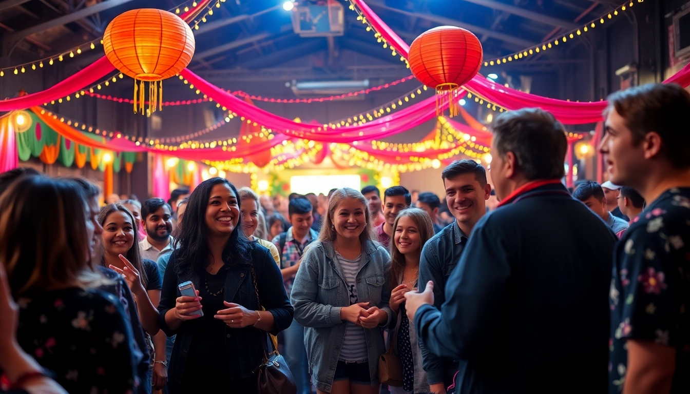 Attendees engage in a unique event filled with laughter and colorful decorations, showcasing diverse activities.