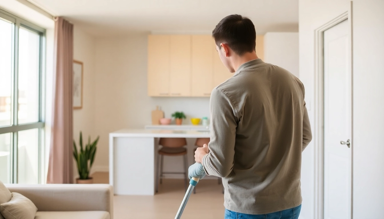 Efficient bond cleaning Brisbane showcasing a professional cleaner revitalizing a spotless apartment.