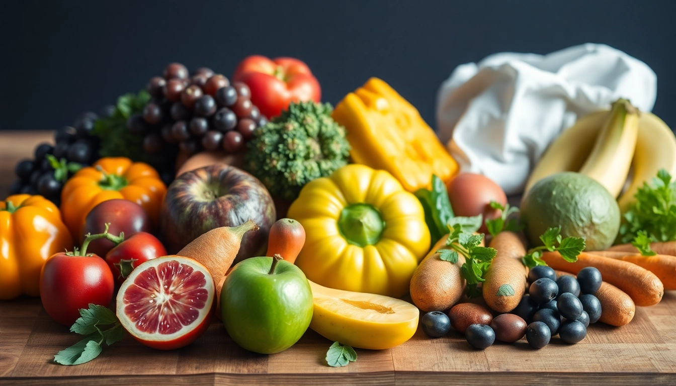 Fruits and vegetables rich in antioxidants arranged beautifully on a wooden surface.