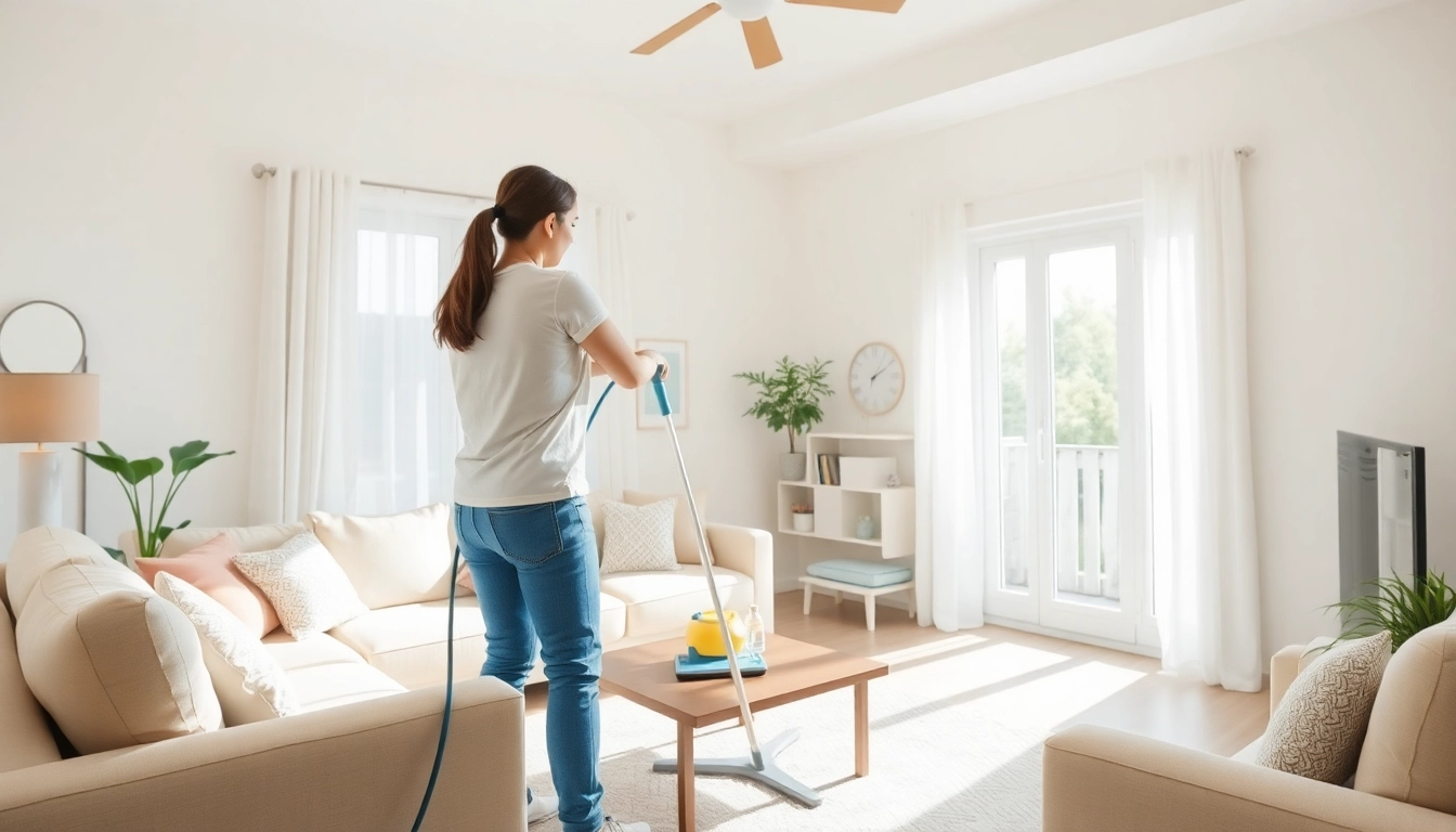 Cleaning company in Jacksonville offering professional maid services in a bright living room.