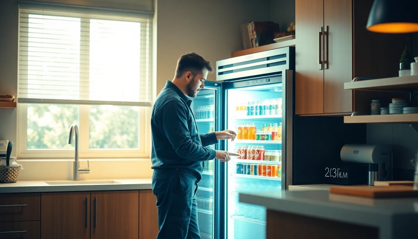 Beverage cooler repair technician examining a unit in a well-lit kitchen environment.