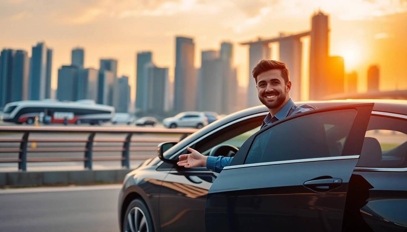 Book a cheap car rental with driver Singapore, featuring a friendly driver and a sleek vehicle against the city backdrop.