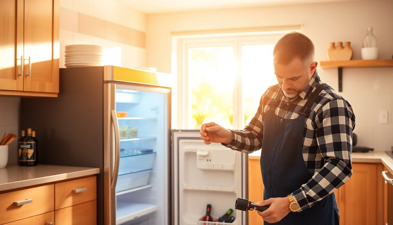 Technician performs beverage cooler repair in a well-lit kitchen setting, inspecting components.