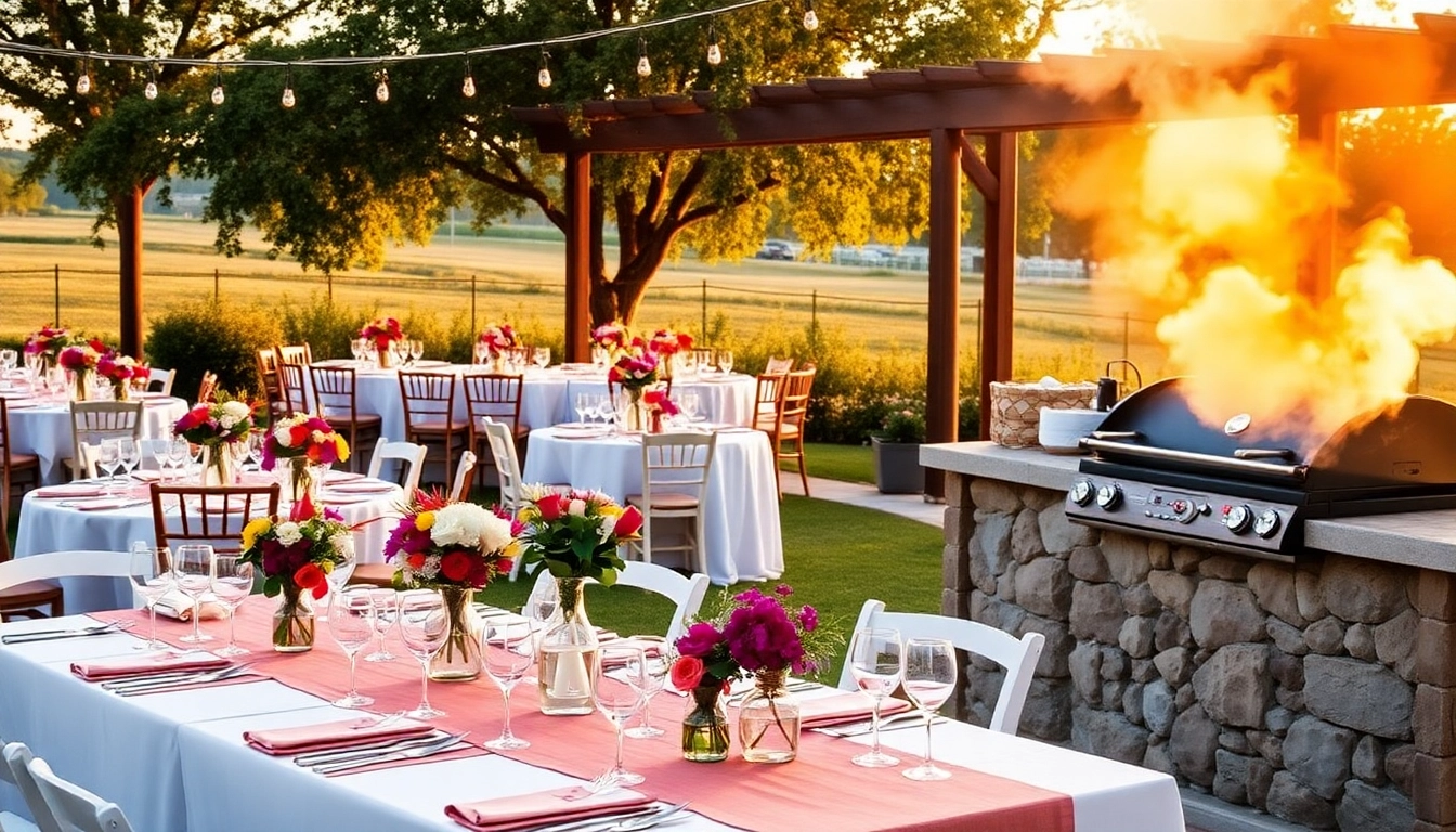 Hochzeit Grill Catering für Berlin featuring an elegant outdoor barbecue setup with decorated tables and a grill station.