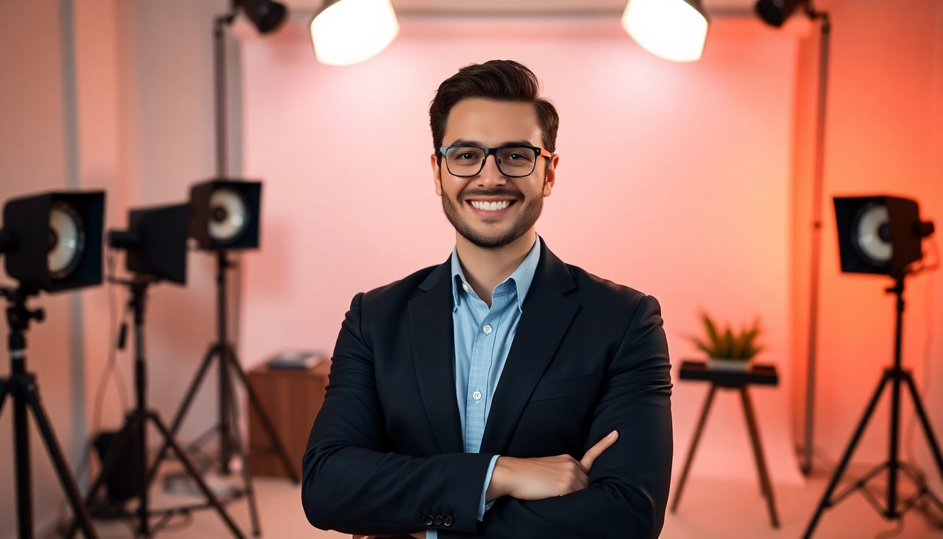 Capturing stunning company headshots featuring a confident professional in a modern studio setting.