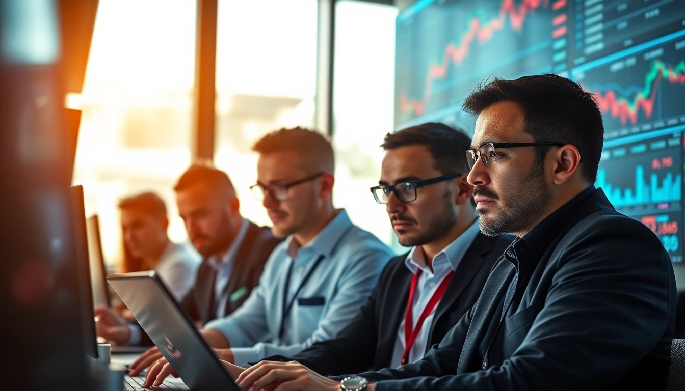 Traders analyzing trade futures in a modern office, surrounded by digital market data.