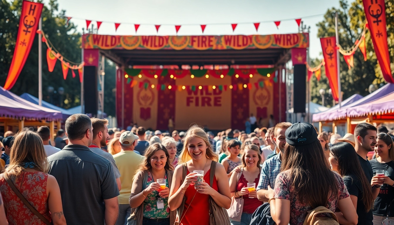 Experience wildfire events with a lively outdoor festival featuring diverse attendees enjoying activities.