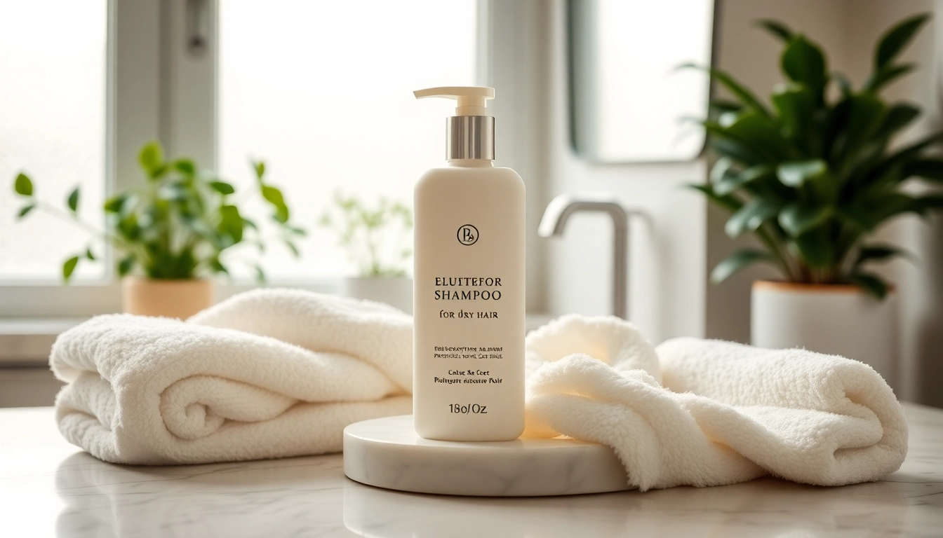 Best shampoo for dry hair showcased on a marble countertop with towels and plants.
