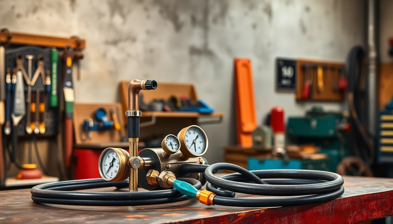 Showcase the oxy acetylene welding kit with torch and gauges on a workshop bench.