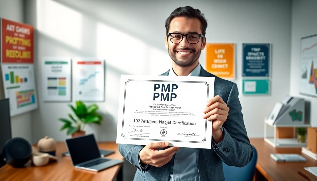 What is PMP certification - a professional holding their certificate in an elegant office workspace.