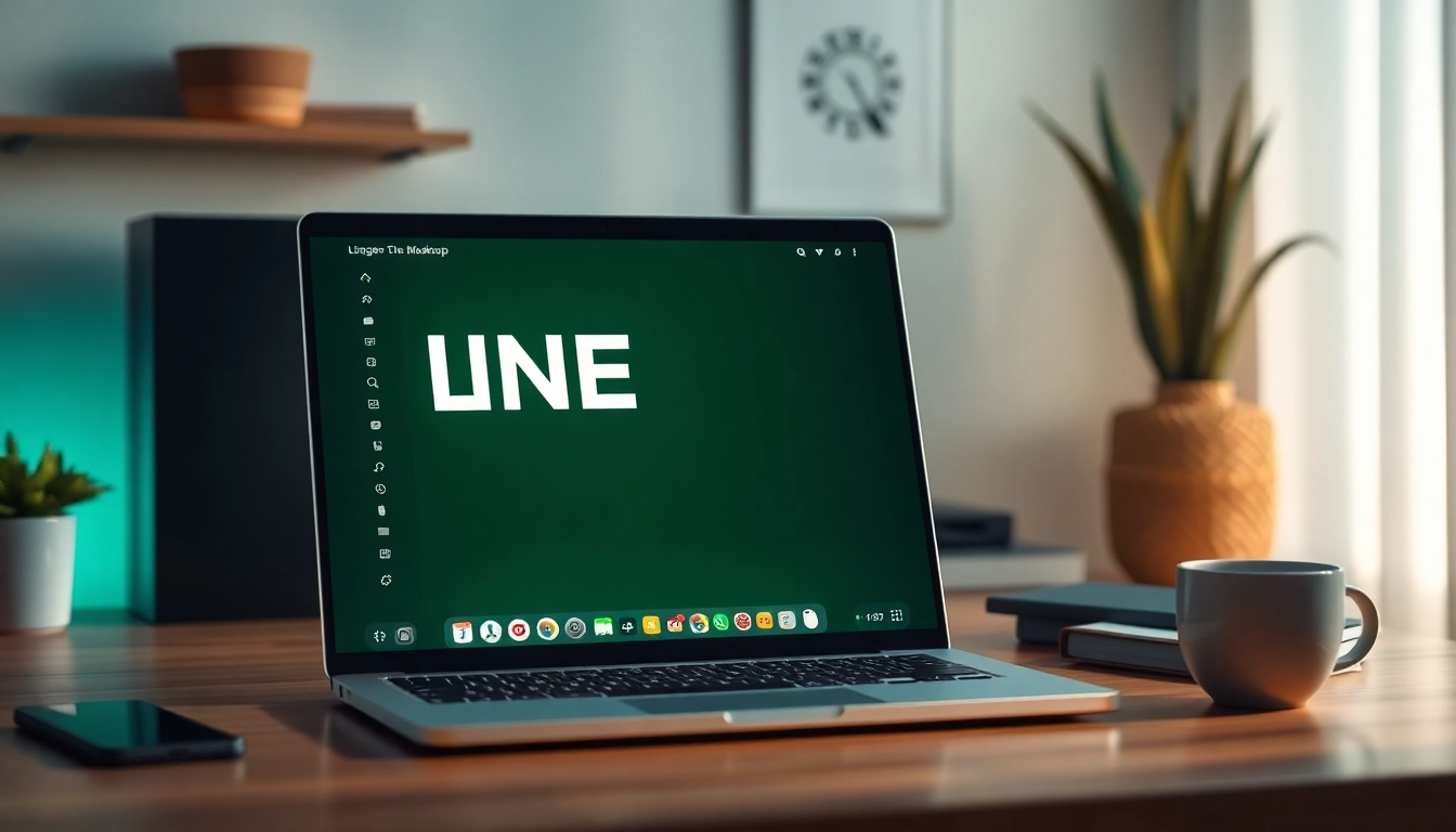 Download the LINE desktop application, showcasing its sleek interface on a laptop in a cozy setting.