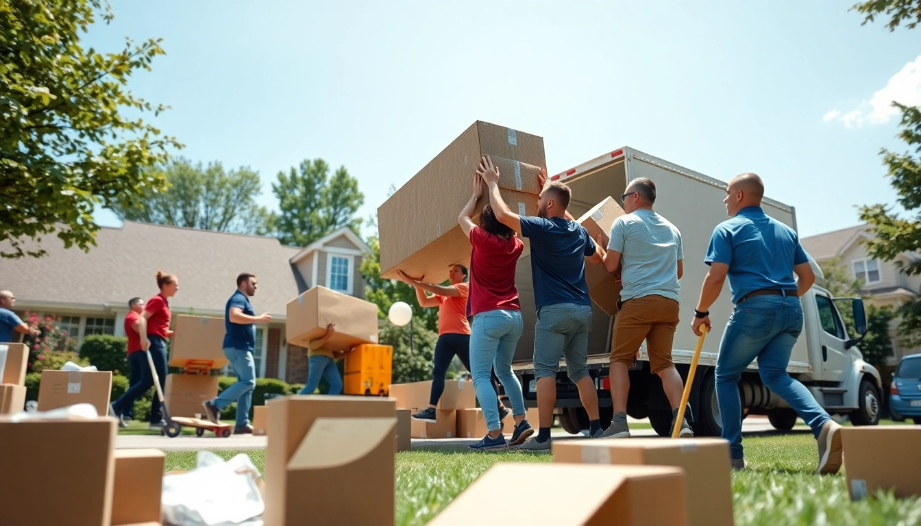 Professional movers engaged in house moves, showcasing teamwork in a vibrant setting.