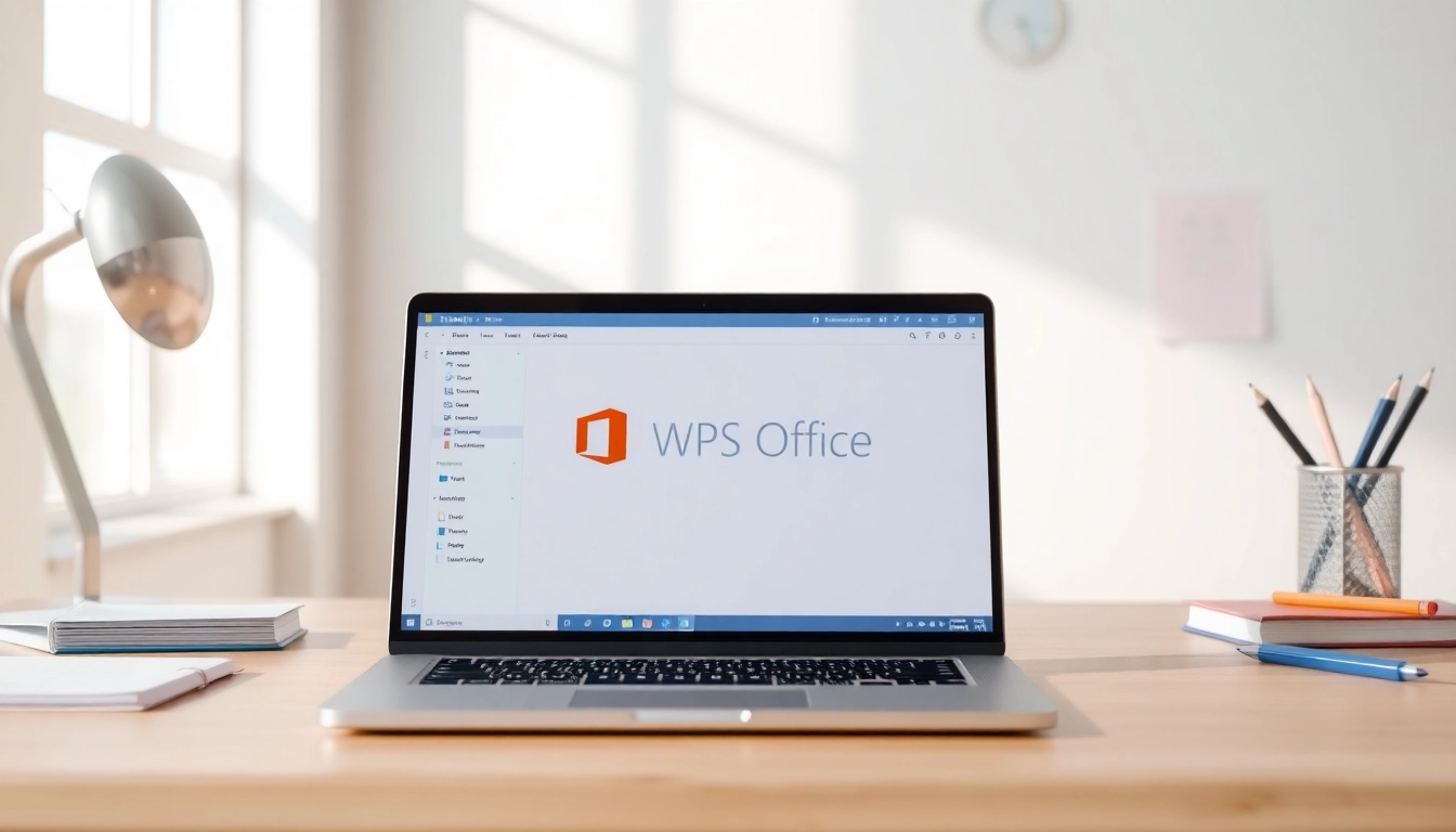 Download WPS Office下载 on a laptop showcasing its user-friendly interface in a bright workspace.