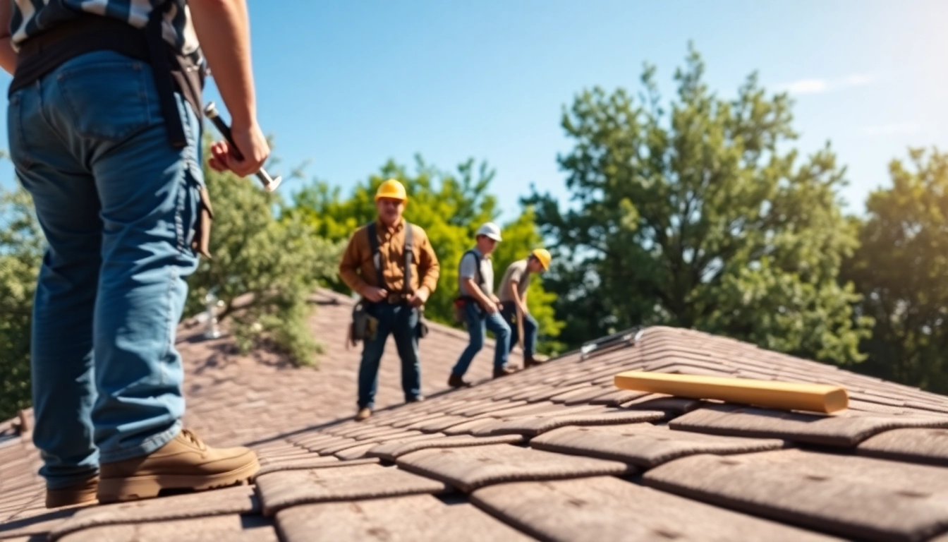 Showcasing 5-star roofing contractors Central Texas at work, inspecting a residential roof with professionalism.
