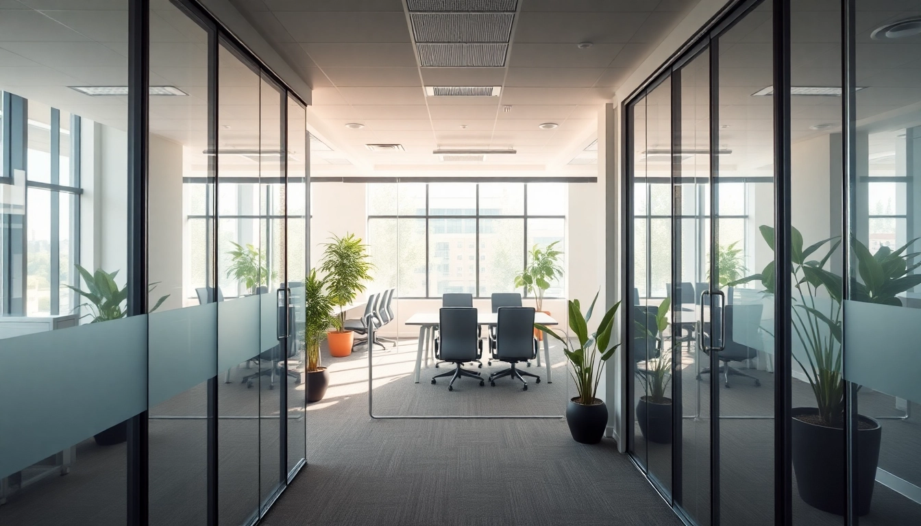 View of movable glass partitions enhancing workspace functionality and aesthetics in a modern office.