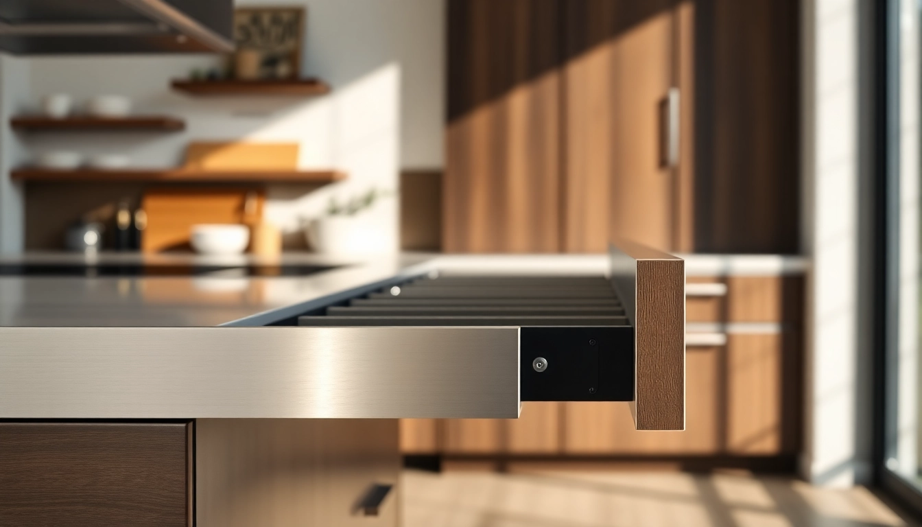 Streamlined metal drawer system enhancing modern kitchen organization and functionality.