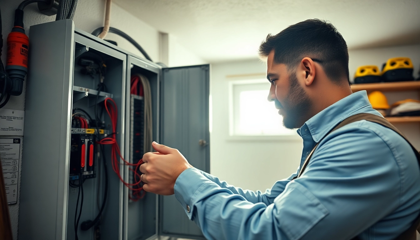 Electrician conducting an Electrical Panel Upgrade, showcasing modern tools and safety equipment.