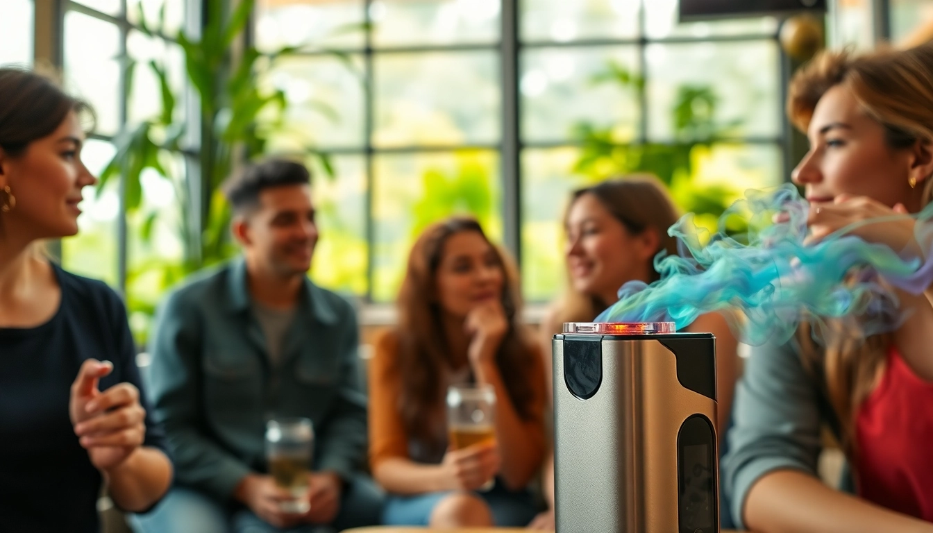 Engaging young adults enjoying healthy vapes in a cozy café with modern vape devices.