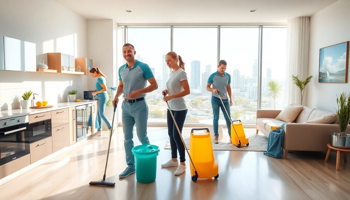 Efficient bond cleaning Brisbane service showcasing cleaners at work in a bright apartment.