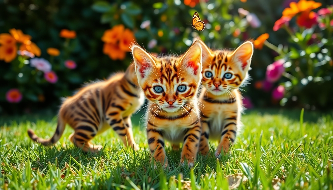 Adorable Bengal kittens in a sunlit garden, showcasing Bengal Breeders Orange County's vibrant feline companions.