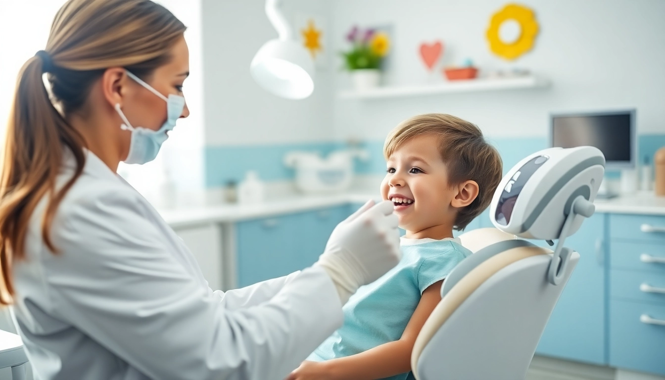 Dentist conducting checkups for a child in a bright dental office.