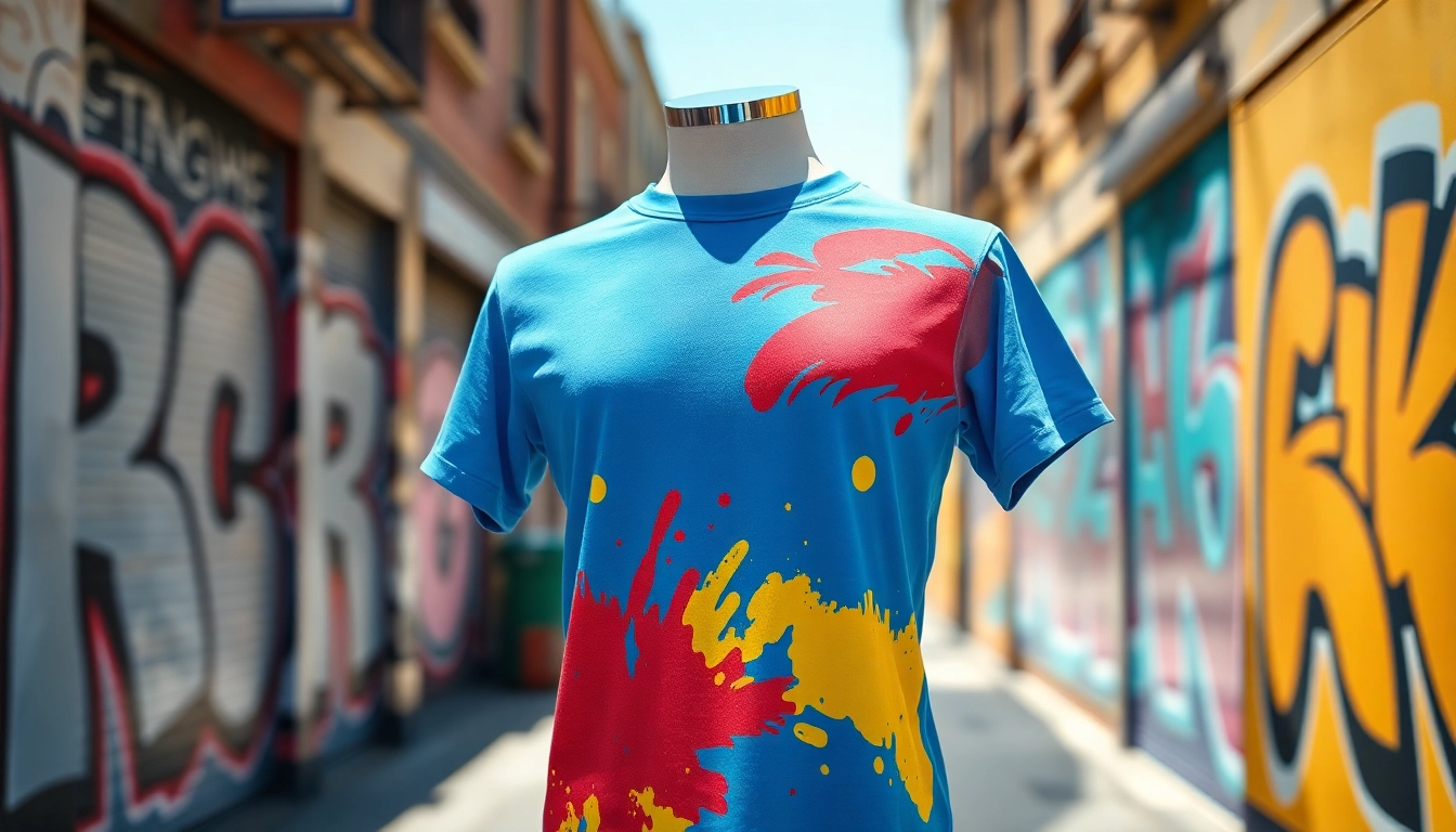 Showcasing a stylish graphic t-shirt with vibrant designs on a mannequin set against an urban backdrop.