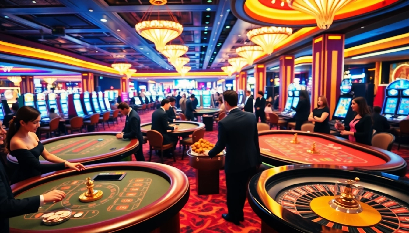 Immerse in the vibrant atmosphere of TPower casino with elegant gaming tables and lively patrons.