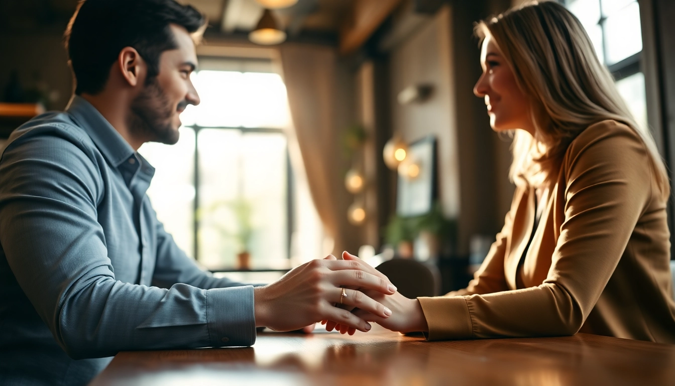 Couple happily communicating in relationships at a cafe, enjoying emotional connection and warmth.