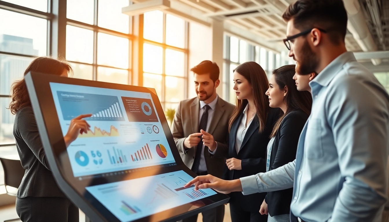 Analyze competitive intelligence trends with a diverse business team in a modern office.