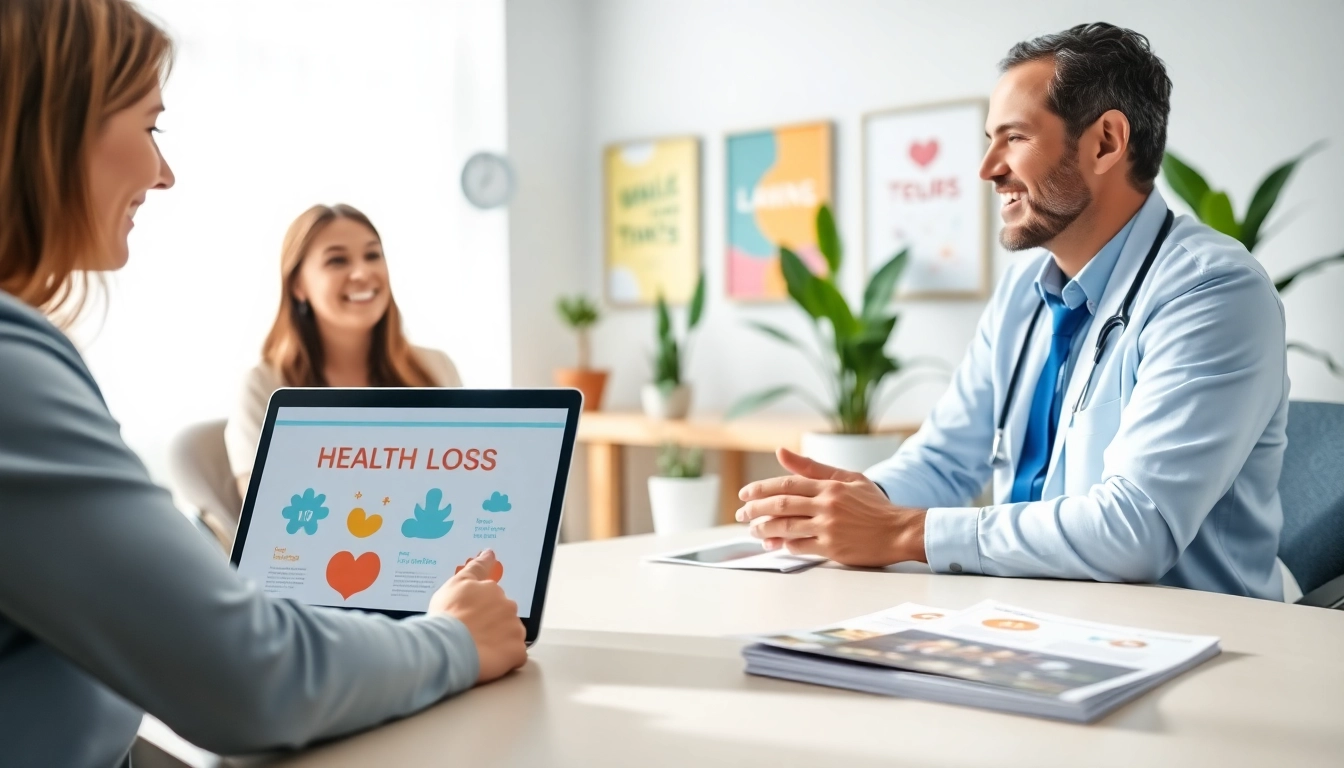 Clinician explains health loss strategies to a patient in a bright consultation room.