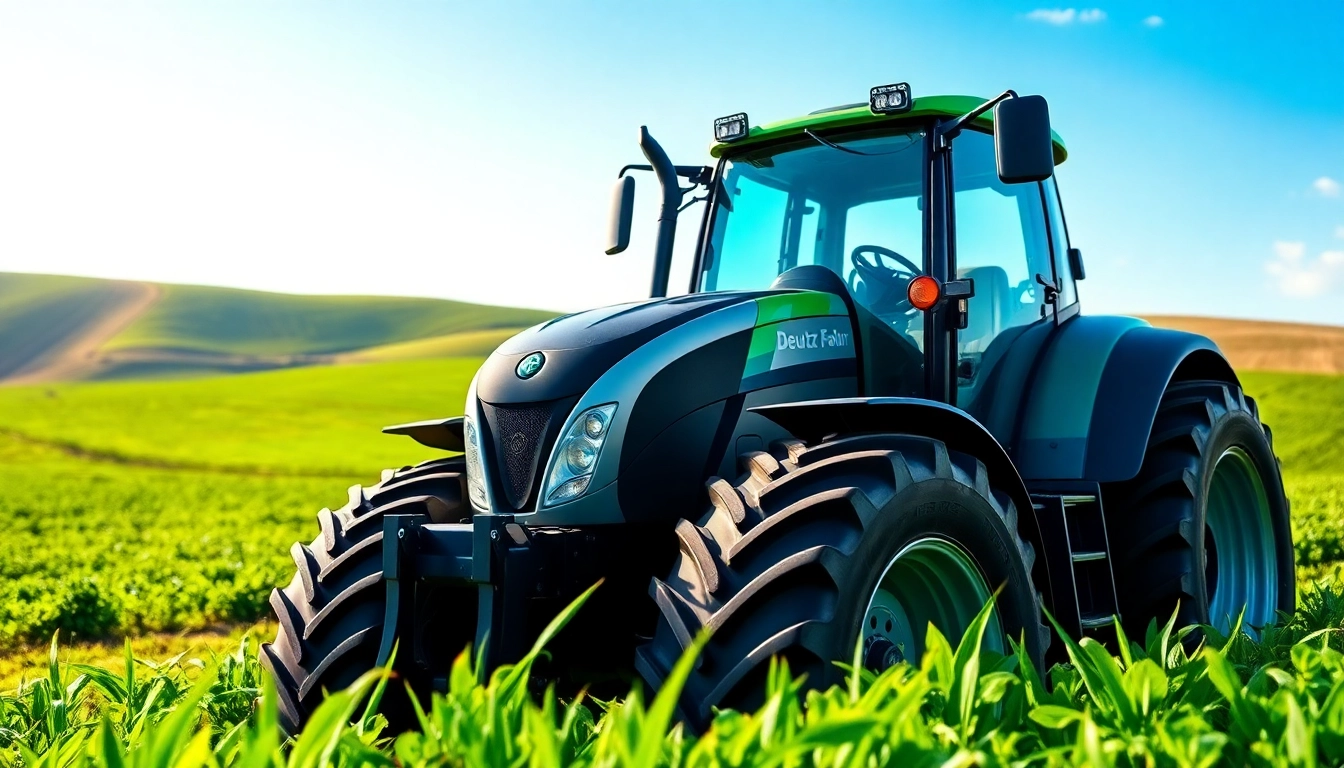 Deutz Fahr Traktor in einer blühenden Agrarlandschaft mit klarem Himmel und frischen Farben.