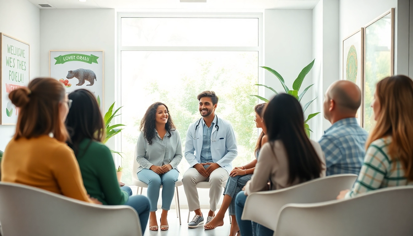 Clients discussing medical wellness and weight loss strategies with a health coach in a bright clinic.