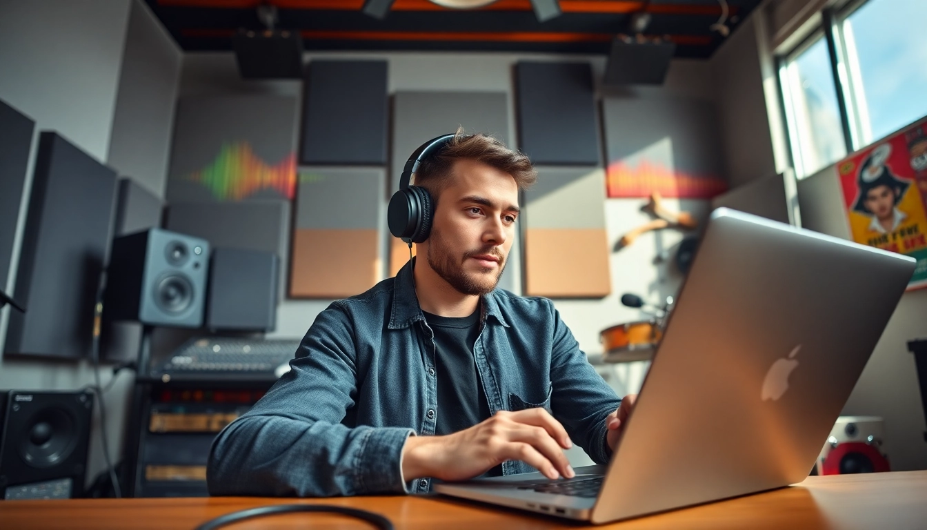 Engaging musician focused on music pitching in a bright recording studio environment.