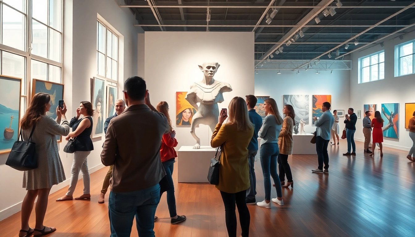 Visitors enjoying a vibrant exhibition at in lieu gallery, interacting with unique artworks.