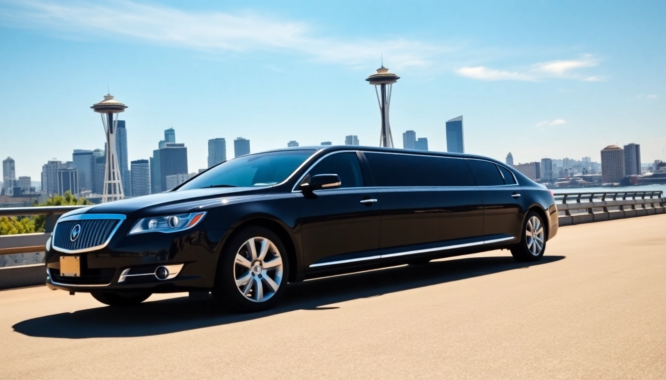 Luxury Car Service to Seattle from Vancouver with a black limousine against the Seattle skyline.
