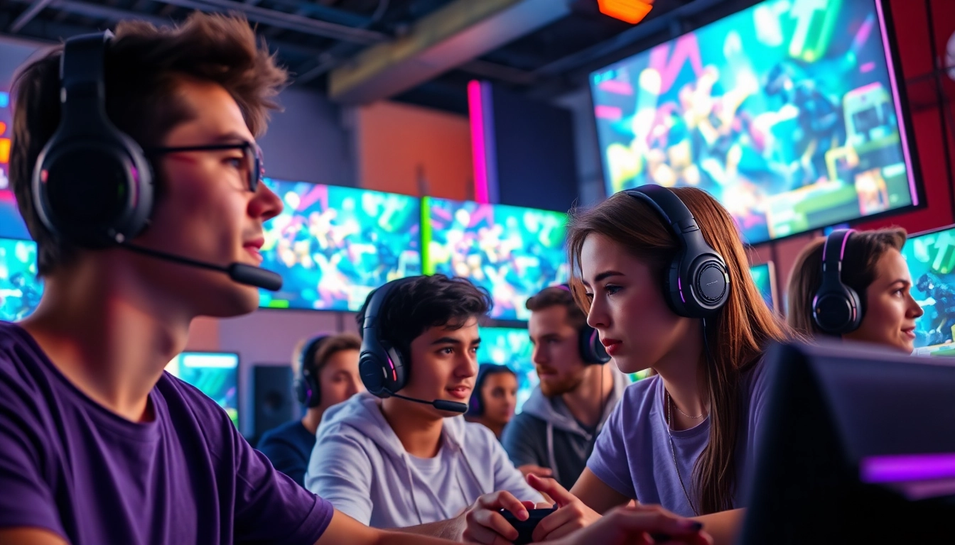 Menghadapi tantangan dalam game online dengan antusiasme di ruang gaming yang penuh warna.