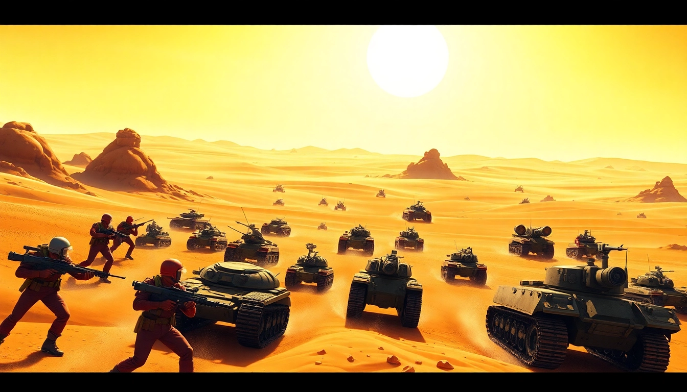 Dune 2 download featuring an action-packed battlefield with soldiers and tanks in a desert setting.