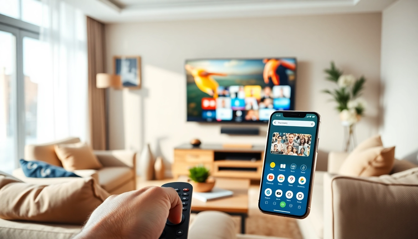 Comprar IPTV en un moderno salón con pantalla y control remoto de fácil uso.
