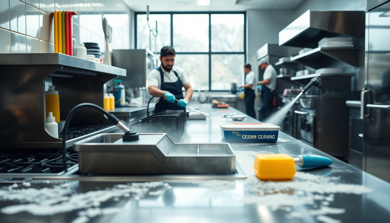 Cleaners performing Restaurant Cooking Appliance Cleaning in a professional restaurant kitchen setting.