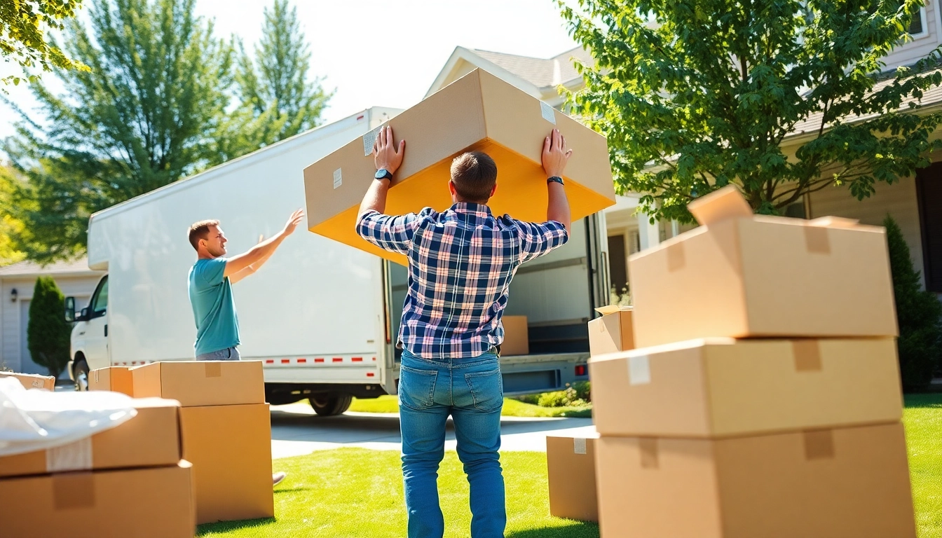 Team of movers calgary lifting furniture during a sunny residential move