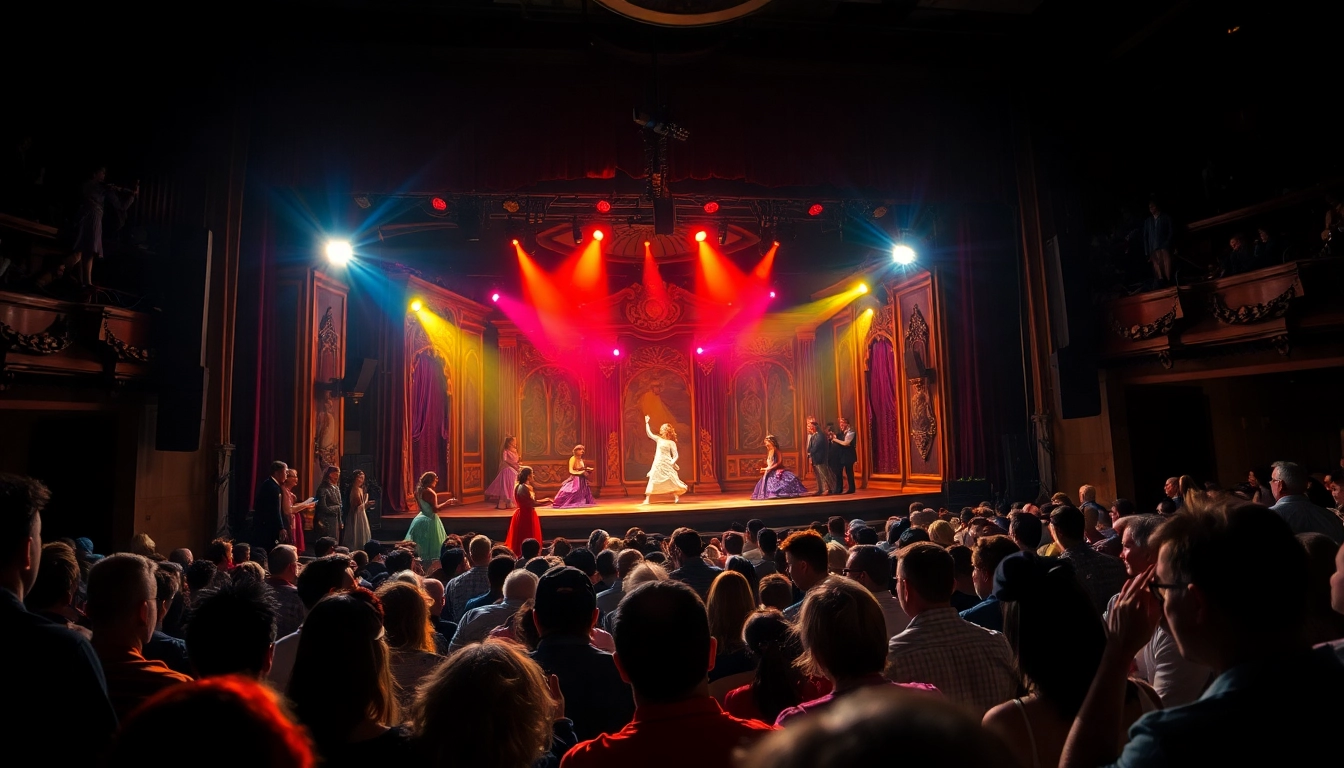 Experience the magic of firelight theater with captivating performers under vibrant stage lights.