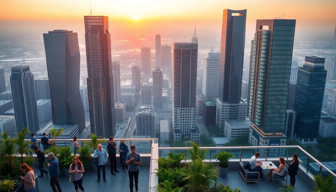 Showcase of dawn digital architectural visualization featuring a vibrant urban skyline.