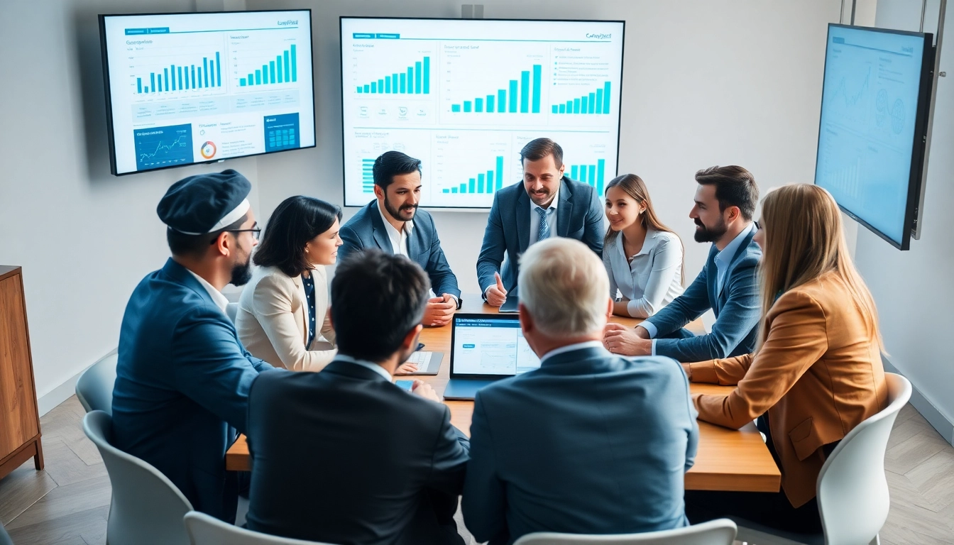 Analyze competitive intelligence analytics during a collaborative business meeting with vibrant digital displays.